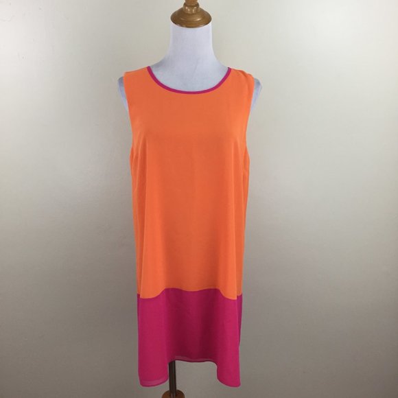 ERIN by ERIN FETHERSTON Orange Pink Color Block Sleeveless Lined Shift Dress - Picture 4 of 8